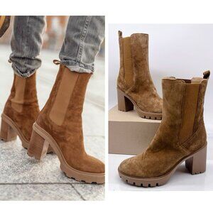 Veronica Beard Lug Sole Waterproof Platform Chelsea Boot Caramel Suede Wms US 8